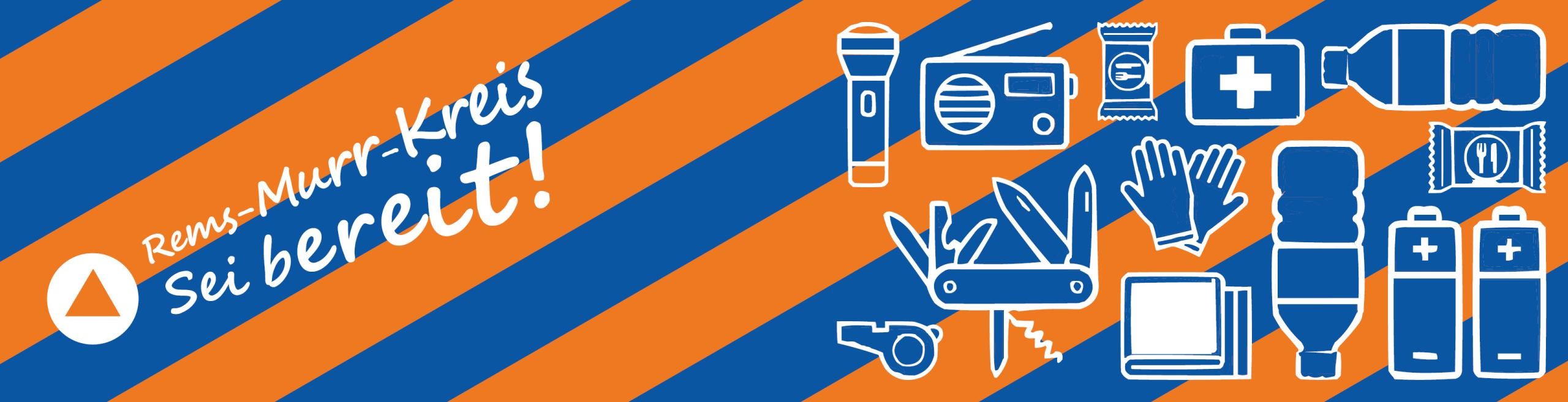 Abwechselnd blaue und orangefarbene Streifen mit Notvorrat-Piktogrammen