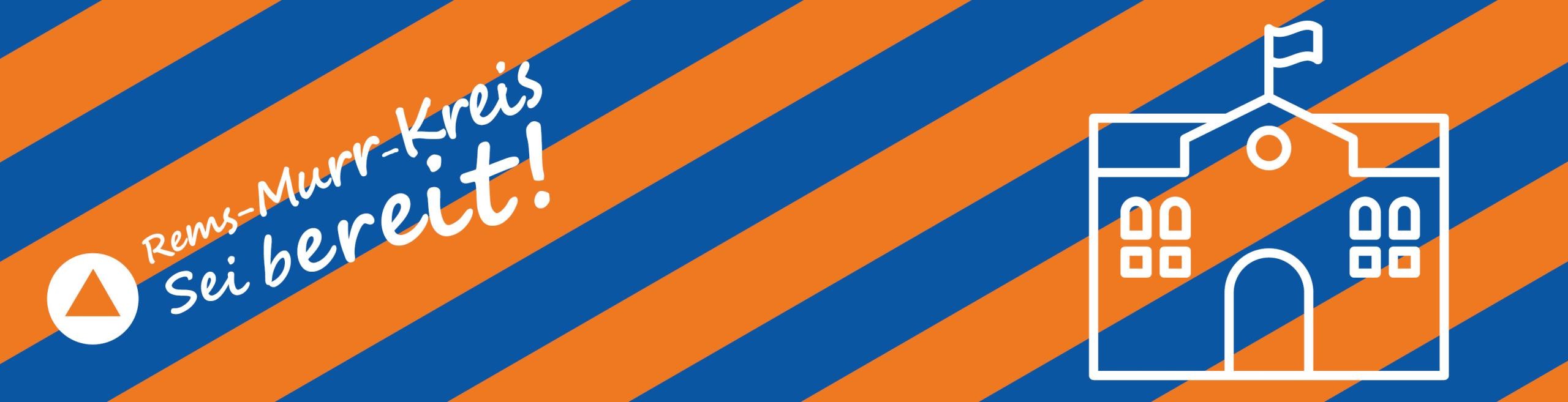 Abwechselnd blaue und orangefarbene Streifen mit einem Rathaus-Piktogramm
