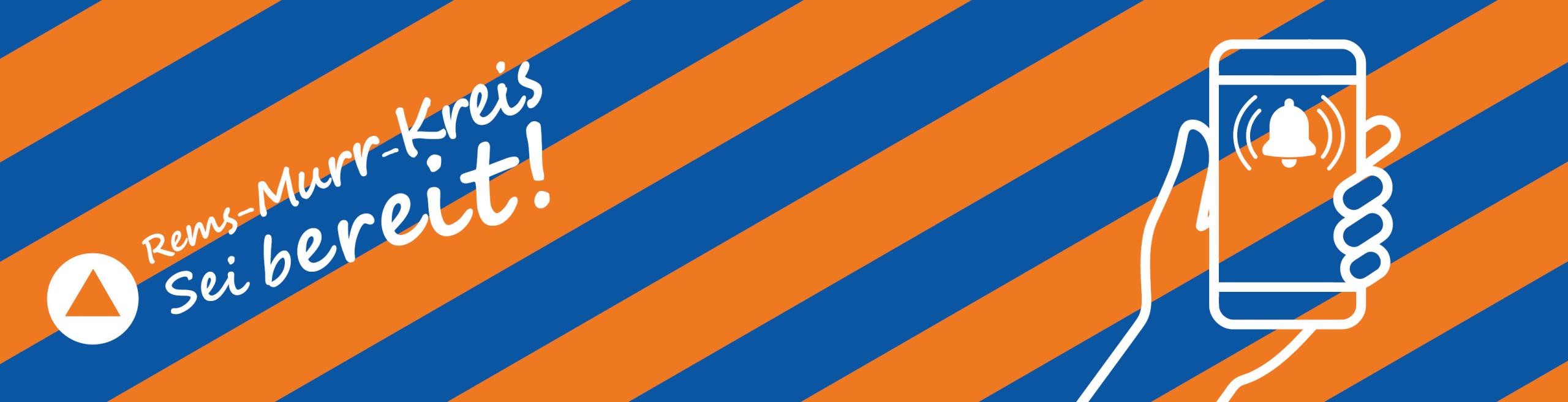 Abwechselnd blaue und orangefarbene Streifen mit einem Handy-Symbol in weiß