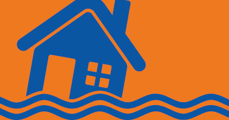 Ein blaues Piktogramm-Haus droht von den Fluten fortgespült zu werden, orangenfarbener Hintergrund