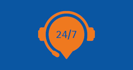 Orangefarbenes Piktogramm eines Headset mit dem Text "24/7" auf blauem Hintergrund