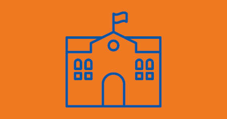 Blaues Piktogramm eines Rathauses auf orangefarbenem Hintergrund